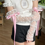 DAIIIBABYYY  -  Lolita Lace Floral Ribbon Cuffs Bow Fingerless Gloves Elastic Mesh Elbow Gloves Jk Kawaiii Sunscreen Sleeve Clothing Accessories