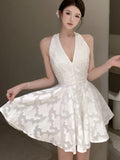 Daiiibabyyy Y2K Halter Backless Short Dresses for Women V-neck Jacquard Sleeveless A-line Birthday Party Dress Prom Mini Vestidos Mujer New