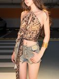 Daiiibabyyy  Halter Leopard Print Vintage Vest for Women Sexy Irregular Bandage Cropped Camisole Fashion Summer Korean Backless Tank Top