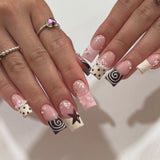 Daiiibabyyy  24pcs Y2K Sweet Stars Press On Nails Blue Brown Stripes French Style False Nails Wave Point Designs Autumn Vintage Fake Nail