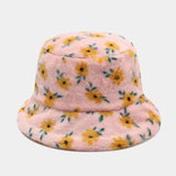 Daiiibabyyy  Women Autumn Winter Printed Plush Bucket Hat Vintage Floral Print Fluffy Hat Korean Warm Fisherman Hats