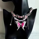 DAIIIBABYYY  -  Goth Exaggerated Pink Butterfly Glass Heart Pendant Short Choker Chain Necklace Women Charms Rave Jewelry Y2K Scene Accessories