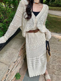 DAIIIBABYYY  -  Knitted Two Piece Sets Women's 2pc Crochet Hollow Out Fashion Long Sleeve V Neck Shirt Cardigan&High Waist A Line Skirt Suits