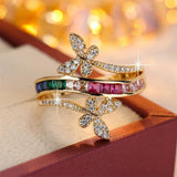 Daiiibabyyy  Small Square Stone Rainbow Zircon Double Butterfly Rings For Women Gold Silver Color Wedding Bands Engagement Party Jewelry Gift