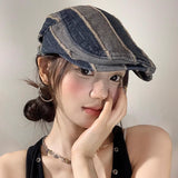 Daiiibabyyy  High-quality Retro Color Matching Striped Forward Hats Men Spring Autumn Street Leisure Literary and Versatile Berets for Women