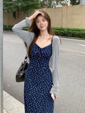 Daiiibabyyy  Ensemble Femme 2 Pièces Spring New High-end Designed Korean Style Temperature Niche Slim Floral Suspender Long Skirt + Cardigan