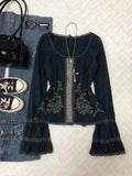 Daiiibabyyy  Y2K Vintage Black T Shirts Women Harajuku Streetwear Lace Floral Crop Tops Summer Sexy Gyaru Grunge Flare Long Sleeve Tees