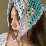 Daiiibabyyy  Women's Headscarf Dopamine French Mint Mambo Style Knitted Flower Triangular Headscarf Country Style Seaside Photo Girl Headband