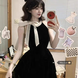 Daiiibabyyy  Summer Dress for Women New High-end Designed Niche Chic Temperature French Style Sleeveless Halter Neck Bow Waist Short Dress