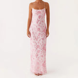 Daiiibabyyy  Women Summer Glitter Sequin Beaded Flower Cami Dress Slim High Split Spaghetti Strap Open Back Long Dresses for Party Club