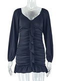 DAIIIBABYYY  -  Solid Sexy Temperament Spliced Fold Mini Dress V Neck Long Sleeves High Waist Slimming Elegant Dresses Female Fashion New