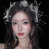 Daiiibabyyy  Elegant  new retro three-dimensional flower mesh veil headgear flower fairy white yarn hair jewelry