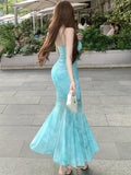 DAIIIBABYYY  -  Boho Print Chic Ruffled Mermaid Dress Women Elegant Bow Lace Sling Sexy Dress Summer Korean Bodycon Luxury Party Dress Gown