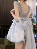 Daiiibabyyy  Bow trailing on the run Princess skirt French dress Women's spring and summer adult dress Waist short skirt