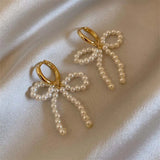Daiiibabyyy  Korean White Imitation Pearl Bow Dangle Earrings for Women Elegant Handmade Woven Beaded Earrings Wedding Y2K Jewelry