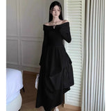 Daiiibabyyy  New Lady Sexy One Shoulder Vacation Dress Spring Women Solid Color Ruched Dress Female Chic Korean White Slim Fit Dress