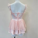 Daiiibabyyy  French Nightgowns Retro Lace Short Nightdress Women's Sleepwear Imitation Silk Transparent Suspender Nighty for Ladies