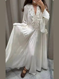 Daiiibabyyy  Elegant White Loose Guaze Long Dresses Woman Casual V Neck Flare Full Sleeve Long Robes New Female High Street Office Dress TP2P