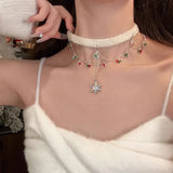 Daiiibabyyy  Fluffy Double-layer Rhinestone Snowflake Tassel Choker Christmas Sweet Sexy Clavicle Chain for Women Party Jewelry