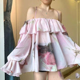 DAIIIBABYYY  -  Spring New Women Pure Desire Wind One Shoulder Loose Shirt Pink Flower Printing Ruffles Thin Style Chiffon All-match Tops