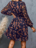 Daiiibabyyy Women's Floral Print Chiffon A-Line Mini Dress Long Peasant Sleeves Hot Selling Dress V-neck Elegant Printed Floral Perspective