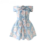 DAIIIBABYYY  -  Women's One-shoulder Floral Print Waist Slim Tube Top Dresses Summer Backless Three-dimensional Rose Ribbon Princess Tutu Dress
