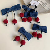 Daiiibabyyy  Cowboy Fabric Bow Cherry Hair Clip Korean Style Cute Trendy Unique Clip Ponytail On The Side of The Bangs Headband Accessories