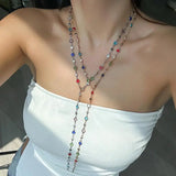 Daiiibabyyy  31.2in Fashion Colorful Glass Long Y-Shaped Necklace for Women Metal Collarbone Chain Summer Holiday Party Body Jewelry