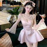 DAIIIBABYYY  -  Sweet Lace Splicing Satin A-line Dress With Beaded Round Neck Design Women's Spring Summer Style Shroud Puffy Short Dresses