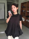 DAIIIBABYYY  -  Chic Summer Retro Age Reducing Square Neck Versatile Slimming Patchwork Black Fungus Edge Skirt Sleeveless Vest Shirt