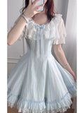 Daiiibabyyy  Coquette Sweet Lolita Dress Women Lace Trim Bow Ruffle Short Sleeve Ruched Waist Bubble Hem Slim Fit Mini Dress Elegant Beach