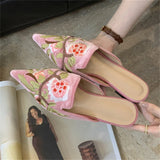 Daiiibabyyy  Spring Retro Design Embroidery Pointed Toe Women Slippers Low Heels Comfortable Mules Party Shoes Zapatos De Mujer