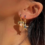 Daiiibabyyy  Vintage Heart Star Zircon Drop Dangle Earrings for Women Girl Y2K Asymmetric Pentagram Love Fashion New Jewelry Lady Gift Party