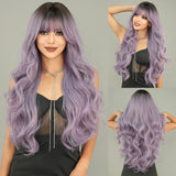 Daiiibabyyy  Fashionable Grey Purple Gradient Dyed Long Curly Synthetic Wig High Quality Ladies Wig
