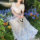 Daiiibabyyy  Summer new long dress waist flower new film dress summer short sleeve French lace heavy industry lining