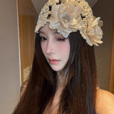 Daiiibabyyy  Girl's Cute Hats Korean Style Retro Pearl Flower Pullover Hat Featuring Knitted Hollowed Out Hook Flower Cap Knitted Bucket Hats