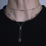Daiiibabyyy  Double Layered Silver Color Bead Necklace Simple Thin Chain Round Beads Tassels Trendy Design Collarbone Chain Women's Jewelry