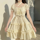 DAIIIBABYYY  -  Summer Women's Lolita Square Collar Spliced Bow Drawstring Floral Fashion Solid Color Short Sleeved Party Strap Dress