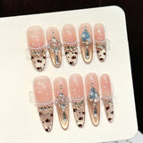 Daiiibabyyy  10pcs Handmade Charming Acrylic False Nail Pink Nude Leopard Print Pearl Rhinestone Decor Press On Nails For Women Party Wedding