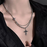 Daiiibabyyy  Hiphop Punk Long Cross Necklaces for Women Men Punk Double Layer Splicing Chain Necklace Charm Trend Neck Jewelry Halloween Gift