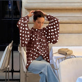 Daiiibabyyy  Polka Dot Tie-Strap Semi-Transparent Lantern Sleeve Women Blouse Elegant Loose Fashionable With Multiple Styles Long-sleeved Top
