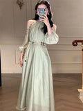 DAIIIBABYYY  -  Sexy Red Green Long Holiday Beach Party Dress Bohemian Fashion Halter Off Shoulder Dress Robe Beads Sequined Belted A Line Dress