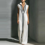 Daiiibabyyy  Summer New High Waist Commute Maxi Dress Fashion Color Blocked Lapel Sleeveless Robe Elegant Lady Hollow Out Pleated Linen Dress