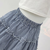 DAIIIBABYYY  -  Sweet Girl Mushroom Edge Splicing Color Contrasting Plaid Half Girls Summer 2025 High Waist A-line Layered Cake Skirt