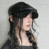 Daiiibabyyy  Spring New Rivet Punk Style Leather Beret Women Hat Pleated Design Spice Girls Fashion Beret Trendy Ladies Cool Chic Beret Hat