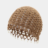 Daiiibabyyy  Casual Sweet Crochet Hollow Knitted Hat Beads Tassels Bohemian Style Knit Beanies Korean Handmade Weave Cap Outdoor