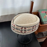 Daiiibabyyy  French Style Fair Isle Pattern Pillbox Hat Jacquard Elegant Fedora Hat Teardrop Fedoras Medicine Box Hat Masquerade Party