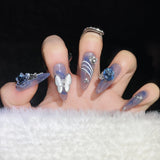 Daiiibabyyy 10Pcs Blue French Y2k Nail Tips Long Ballet Handmade Fake Nail With 3D Fairy Butterfly Diamond Pearl Decoration False Nails Art