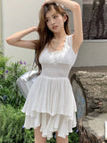 Daiiibabyyy Y2K Irreguar Cake Dress White Short Dresses for Women Sleeveless Ruffles A-line Korean Fashion Casual Summer Mini Vestidos Mujer
