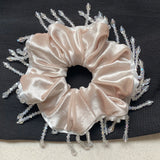 Daiiibabyyy  1PC Elegant Beige Velvet Hair Scrunchie With Crystal Bead Decor, Shiny Satin Hair Tie For Women, Party & Daily Hair Accessory